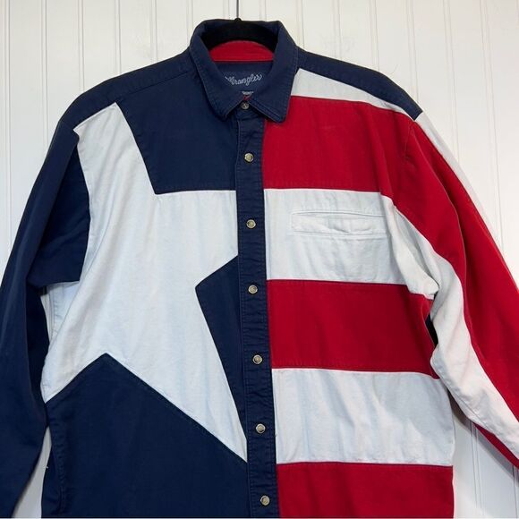 90's Wrangler Western Shirt Texas Flag Button Down Long Sleeve Red White Blue L - Picture 15 of 15